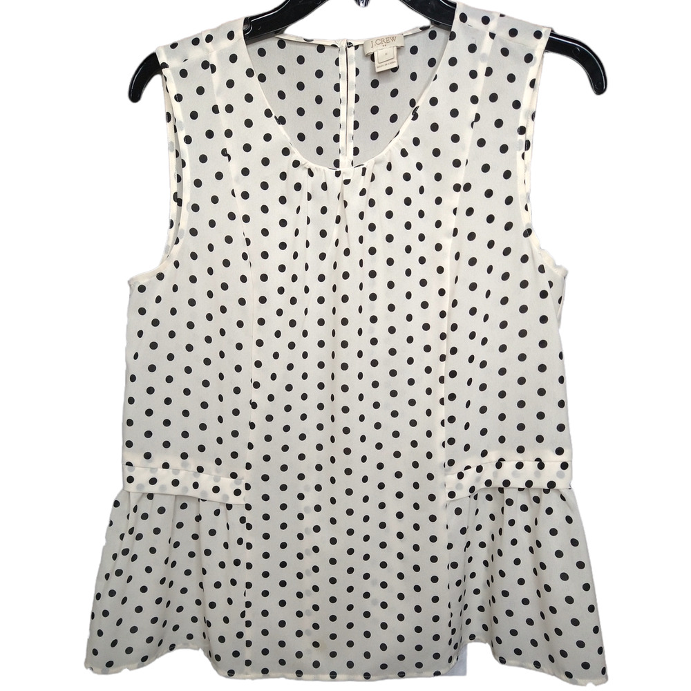 J.Crew Polka Dot Sleeveless Peplum Blouse Cream Black Ruffle Top Size 6